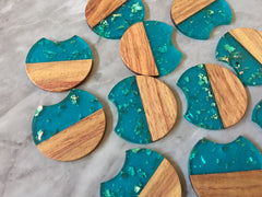 Wood Grain + Blue gold foil resin Beads, round cutout acrylic 37mm Earring Necklace pendant bead, one hole at top DIY wooden blanks