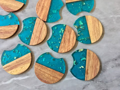 Wood Grain + Blue gold foil resin Beads, round cutout acrylic 37mm Earring Necklace pendant bead, one hole at top DIY wooden blanks