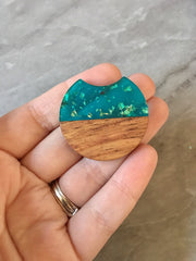 Wood Grain + Blue gold foil resin Beads, round cutout acrylic 37mm Earring Necklace pendant bead, one hole at top DIY wooden blanks