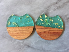 Wood Grain + Green gold foil resin Beads, round cutout acrylic 37mm Earring Necklace pendant bead, one hole at top DIY wooden blanks