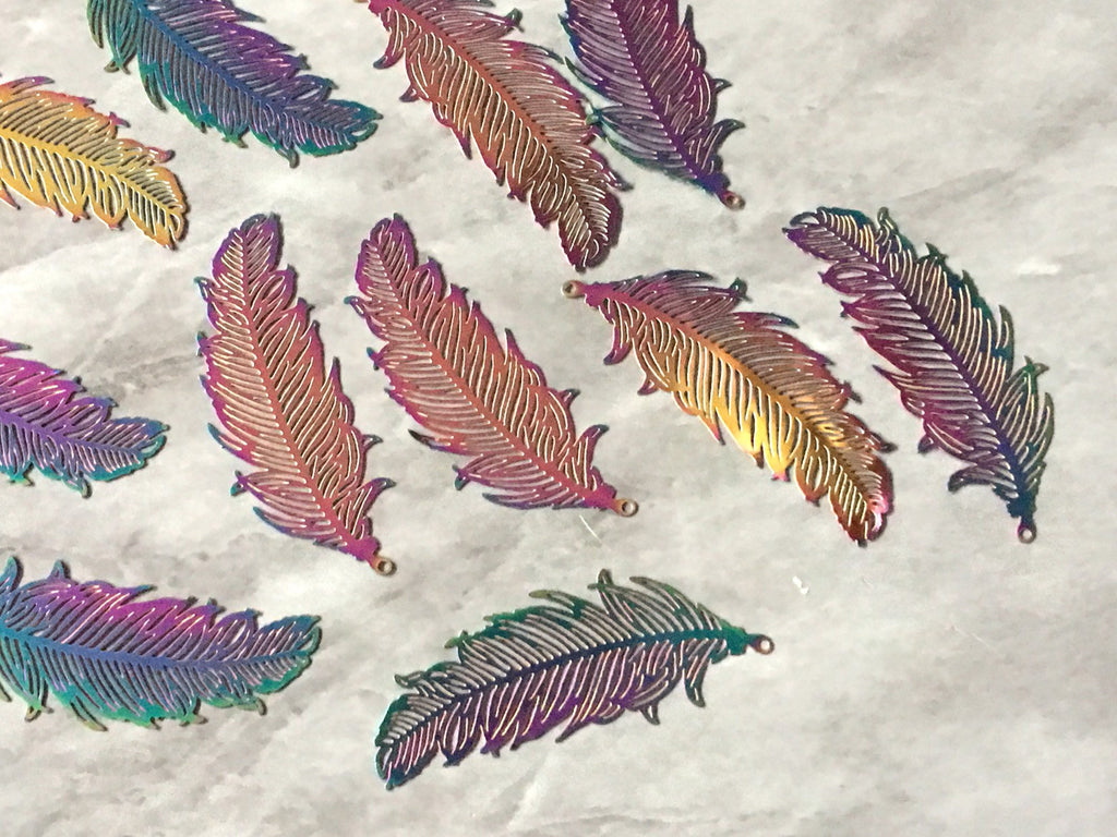 Filigree Rainbow Beads, feather cutout acrylic 48mm Earring Necklace pendant bead dipped metal filigree jewelry oval drop earrings