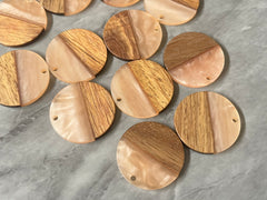 Wood Grain + creamy Peach resin Beads, round cutout acrylic 29mm Earring Necklace pendant bead, one hole at top DIY wooden blanks brown