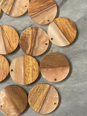 Wood Grain + creamy Peach resin Beads, round cutout acrylic 29mm Earring Necklace pendant bead, one hole at top DIY wooden blanks brown