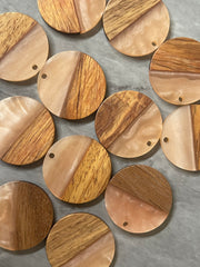 Wood Grain + creamy Peach resin Beads, round cutout acrylic 29mm Earring Necklace pendant bead, one hole at top DIY wooden blanks brown