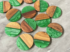 Wood Grain + creamy Green resin Beads, round cutout acrylic 29mm Earring Necklace pendant bead, one hole at top DIY wooden blanks brown