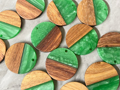 Wood Grain + creamy Green resin Beads, round cutout acrylic 29mm Earring Necklace pendant bead, one hole at top DIY wooden blanks brown