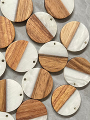 Wood Grain + creamy white resin Beads, round cutout acrylic 29mm Earring Necklace pendant bead, one hole at top DIY wooden blanks