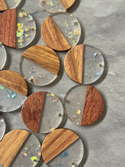 wood Grain + SHIMMER rainbow foil clear resin Beads, round cutout acrylic 29mm Earring Necklace pendant bead, one hole top DIY wooden blanks