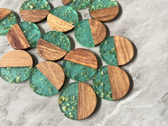 Wood Grain + gold foil green resin Beads, round cutout acrylic 29mm Earring Necklace pendant bead, one hole at top DIY wooden blanks
