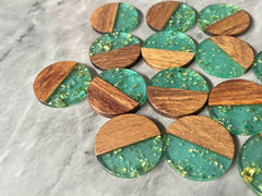 Wood Grain + gold foil green resin Beads, round cutout acrylic 29mm Earring Necklace pendant bead, one hole at top DIY wooden blanks