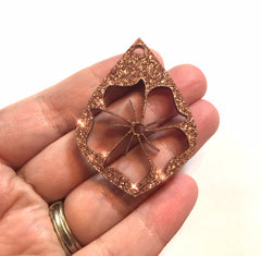 Rosegold GLITTER Beads, Hawaiian Flower teardrop cutout acrylic 51mm Earring Necklace pendant bead, one hole at top DIY blanks drop dangle
