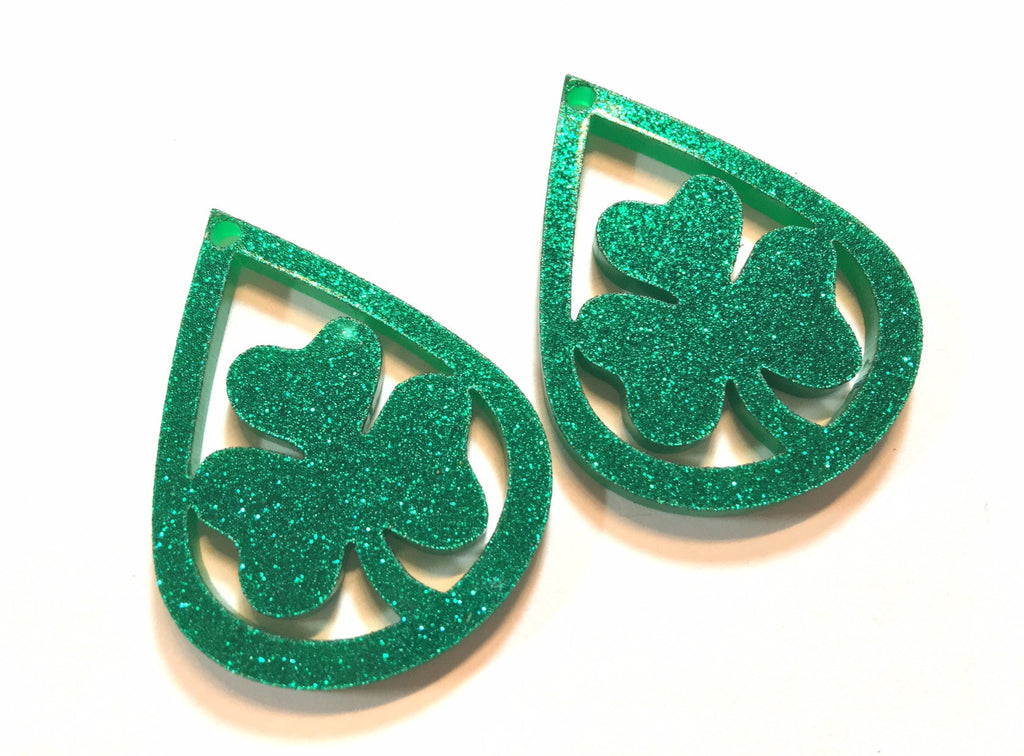 Dark Green GLITTER Beads, teardrop cutout acrylic 45mm Earring Necklace pendant bead, one hole at top DIY blanks green circle drop dangle