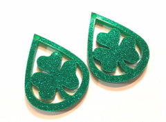 Dark Green GLITTER Beads, teardrop cutout acrylic 45mm Earring Necklace pendant bead, one hole at top DIY blanks green circle drop dangle