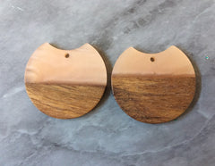 Wood Grain + creamy Peach resin Beads, round cutout acrylic 37mm Earring Necklace pendant bead, one hole at top DIY wooden blanks brown