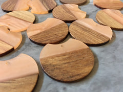 Wood Grain + creamy Peach resin Beads, round cutout acrylic 37mm Earring Necklace pendant bead, one hole at top DIY wooden blanks brown
