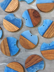 Wood Grain + creamy Blue resin Beads, round cutout acrylic 37mm Earring Necklace pendant bead, one hole at top DIY wooden blanks brown