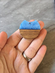 Wood Grain + creamy Blue resin Beads, round cutout acrylic 37mm Earring Necklace pendant bead, one hole at top DIY wooden blanks brown