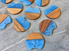 Wood Grain + creamy Blue resin Beads, round cutout acrylic 37mm Earring Necklace pendant bead, one hole at top DIY wooden blanks brown