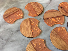 wood Grain + gold foil resin Beads, round cutout acrylic 37mm Earring Necklace pendant bead, one hole at top DIY wooden blanks brown