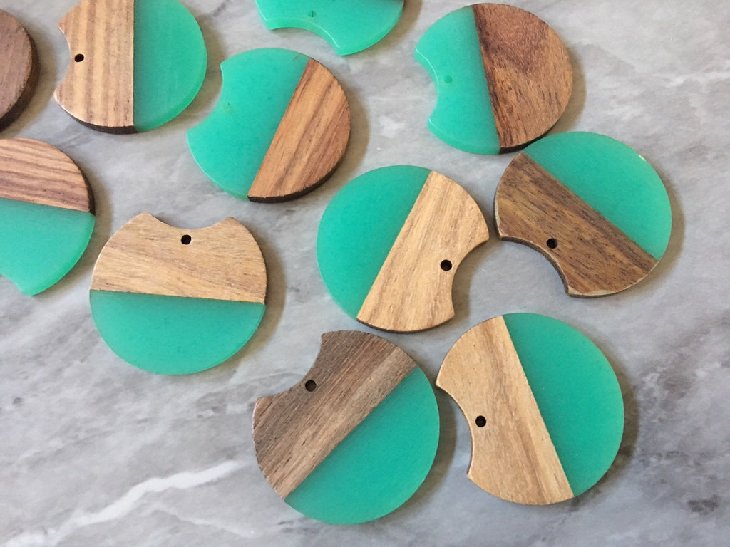 Wood Grain + Green resin Beads, round cutout acrylic 37mm Earring Necklace pendant bead, one hole at top DIY wooden blanks brown