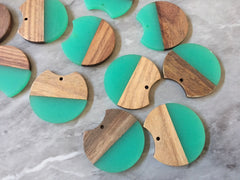 Wood Grain + Green resin Beads, round cutout acrylic 37mm Earring Necklace pendant bead, one hole at top DIY wooden blanks brown