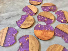 wood Grain + purple gold foil resin Beads, round cutout acrylic 37mm Earring Necklace pendant bead, one hole at top DIY wooden blanks