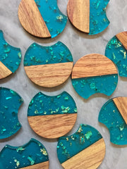 Wood Grain + Blue gold foil resin Beads, round cutout acrylic 37mm Earring Necklace pendant bead, one hole at top DIY wooden blanks