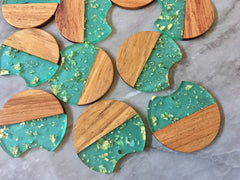 Wood Grain + Green gold foil resin Beads, round cutout acrylic 37mm Earring Necklace pendant bead, one hole at top DIY wooden blanks