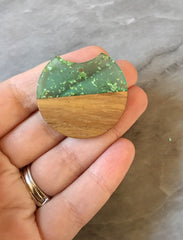 Wood Grain + Green gold foil resin Beads, round cutout acrylic 37mm Earring Necklace pendant bead, one hole at top DIY wooden blanks