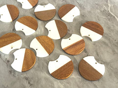 Wood Grain Cream resin Beads, round cutout acrylic 37mm Earring Necklace pendant bead, one hole at top DIY wooden blanks brown white