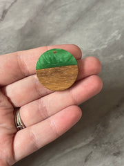 Wood Grain + creamy Green resin Beads, round cutout acrylic 29mm Earring Necklace pendant bead, one hole at top DIY wooden blanks brown