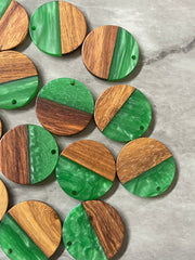 Wood Grain + creamy Green resin Beads, round cutout acrylic 29mm Earring Necklace pendant bead, one hole at top DIY wooden blanks brown
