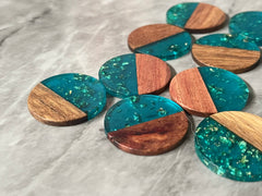 Wood Grain + Blue gold foil resin Beads, round cutout acrylic 29mm Earring Necklace pendant bead, one hole at top DIY wooden blanks