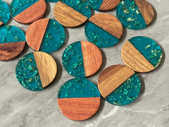 Wood Grain + Blue gold foil resin Beads, round cutout acrylic 29mm Earring Necklace pendant bead, one hole at top DIY wooden blanks