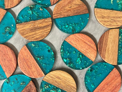 Wood Grain + Blue gold foil resin Beads, round cutout acrylic 29mm Earring Necklace pendant bead, one hole at top DIY wooden blanks
