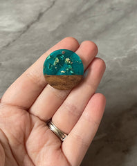 Wood Grain + Blue gold foil resin Beads, round cutout acrylic 29mm Earring Necklace pendant bead, one hole at top DIY wooden blanks