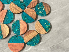 Wood Grain + Blue gold foil resin Beads, round cutout acrylic 29mm Earring Necklace pendant bead, one hole at top DIY wooden blanks