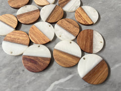 Wood Grain + creamy white resin Beads, round cutout acrylic 29mm Earring Necklace pendant bead, one hole at top DIY wooden blanks
