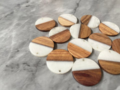 Wood Grain + creamy white resin Beads, round cutout acrylic 29mm Earring Necklace pendant bead, one hole at top DIY wooden blanks