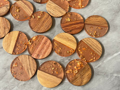 wood Grain + gold foil orange resin Beads, round cutout acrylic 29mm Earring Necklace pendant bead, one hole at top DIY wooden blanks