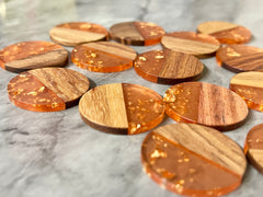 wood Grain + gold foil orange resin Beads, round cutout acrylic 29mm Earring Necklace pendant bead, one hole at top DIY wooden blanks