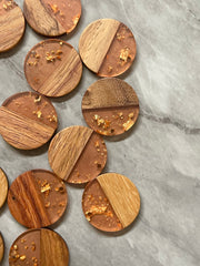 wood Grain + gold foil orange resin Beads, round cutout acrylic 29mm Earring Necklace pendant bead, one hole at top DIY wooden blanks
