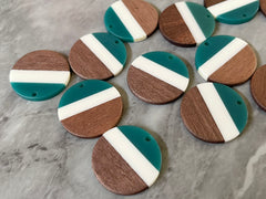 Wood Grain + Stripe resin Beads, round cutout acrylic 29mm Earring Necklace pendant bead, one hole top DIY wooden blanks teal cream circle