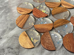 wood Grain + SHIMMER rainbow foil clear resin Beads, round cutout acrylic 29mm Earring Necklace pendant bead, one hole top DIY wooden blanks