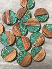Wood Grain + gold foil green resin Beads, round cutout acrylic 29mm Earring Necklace pendant bead, one hole at top DIY wooden blanks