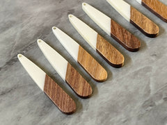 Wood Grain + White Resin Beads, geometric shape acrylic 45mm Long Earring or Necklace pendant bead 1 one hole teardrop rectangle stick
