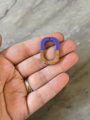 Brown wood & Indigo Resin Beads, oval cutout acrylic 28mm Earring Necklace pendant bead, one hole at top DIY blanks wood grain jewelry