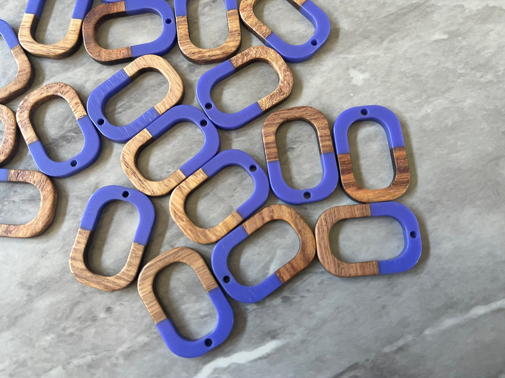 Brown wood & Indigo Resin Beads, oval cutout acrylic 28mm Earring Necklace pendant bead, one hole at top DIY blanks wood grain jewelry