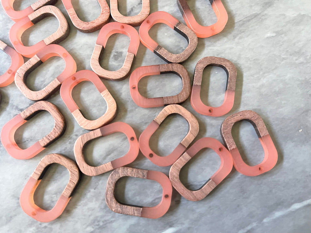 Brown wood & Coral Resin Beads, oval cutout acrylic 28mm Earring Necklace pendant bead, one hole at top DIY blanks wood grain jewelry