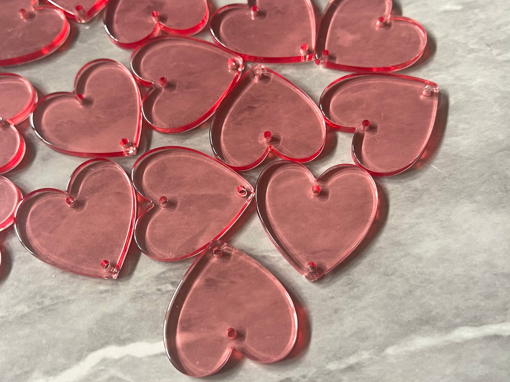 Pink Acrylic Heart, pink heart charm, connector charm Valentines Day jewelry, holiday earrings, 2 holes heart earrings